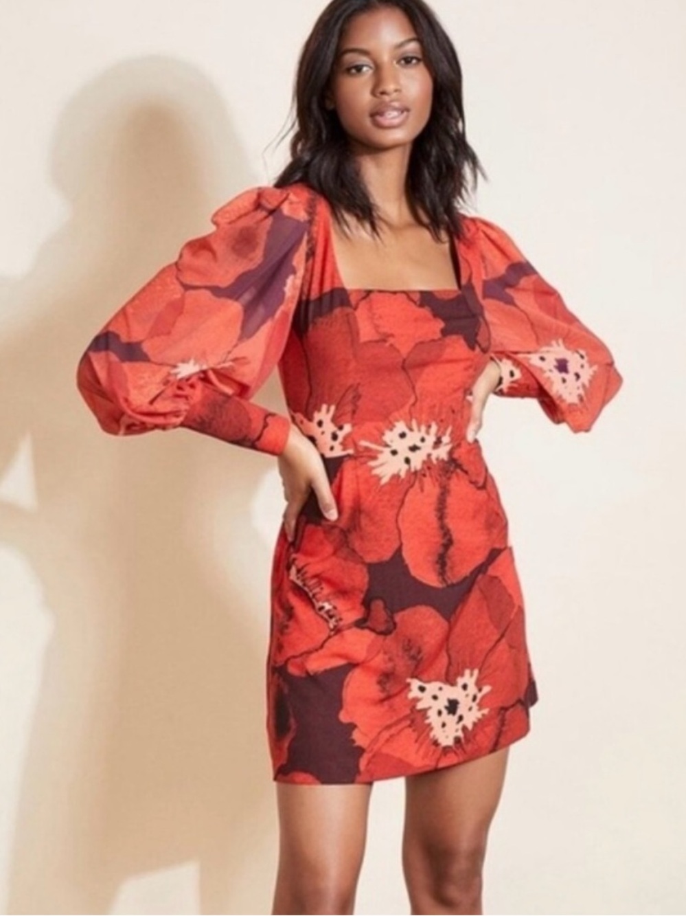 Anthropologie Hutch Elaine Poppy Mini Dress Floral Red Black Square Neck Size 10